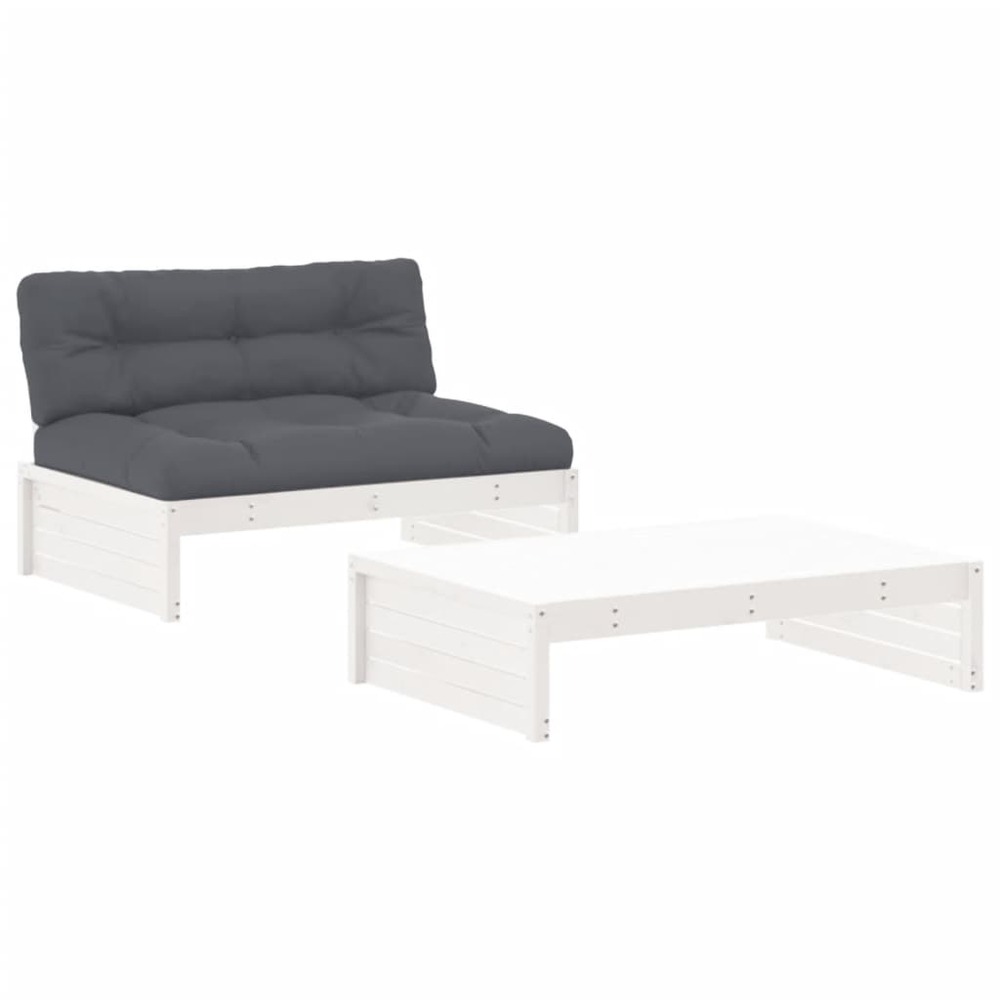 Salon de jardin 2 pcs avec coussins blanc bois massif
