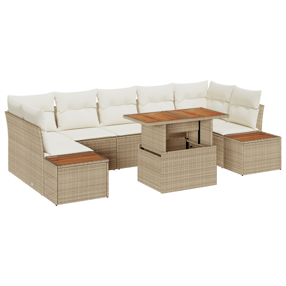 Ensemble de jardin 8 pièces avec coussins beige en poly rotin et acacia