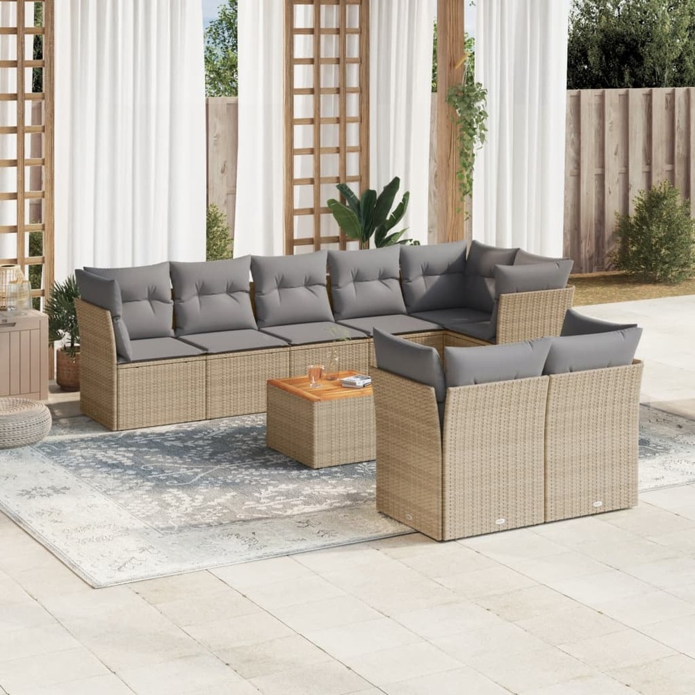 Salon de jardin avec coussins 9 pcs beige résine tressée