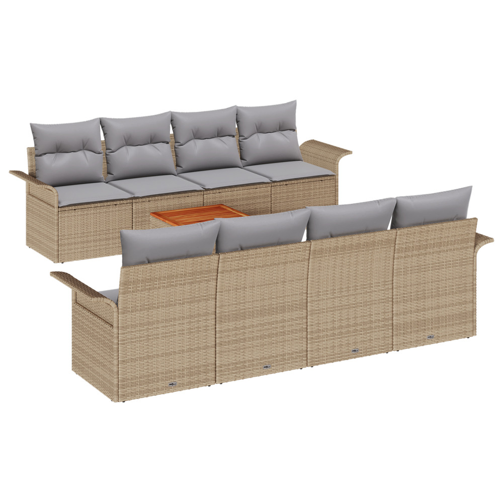 Ensemble de canapé de jardin 9 pièces avec coussins beige poly rattan acacia