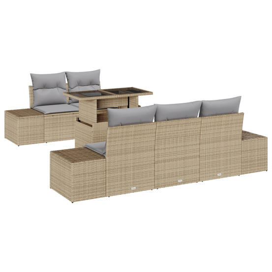 Ensemble de canapé de jardin 6 pièces avec coussins beige en poly rattan