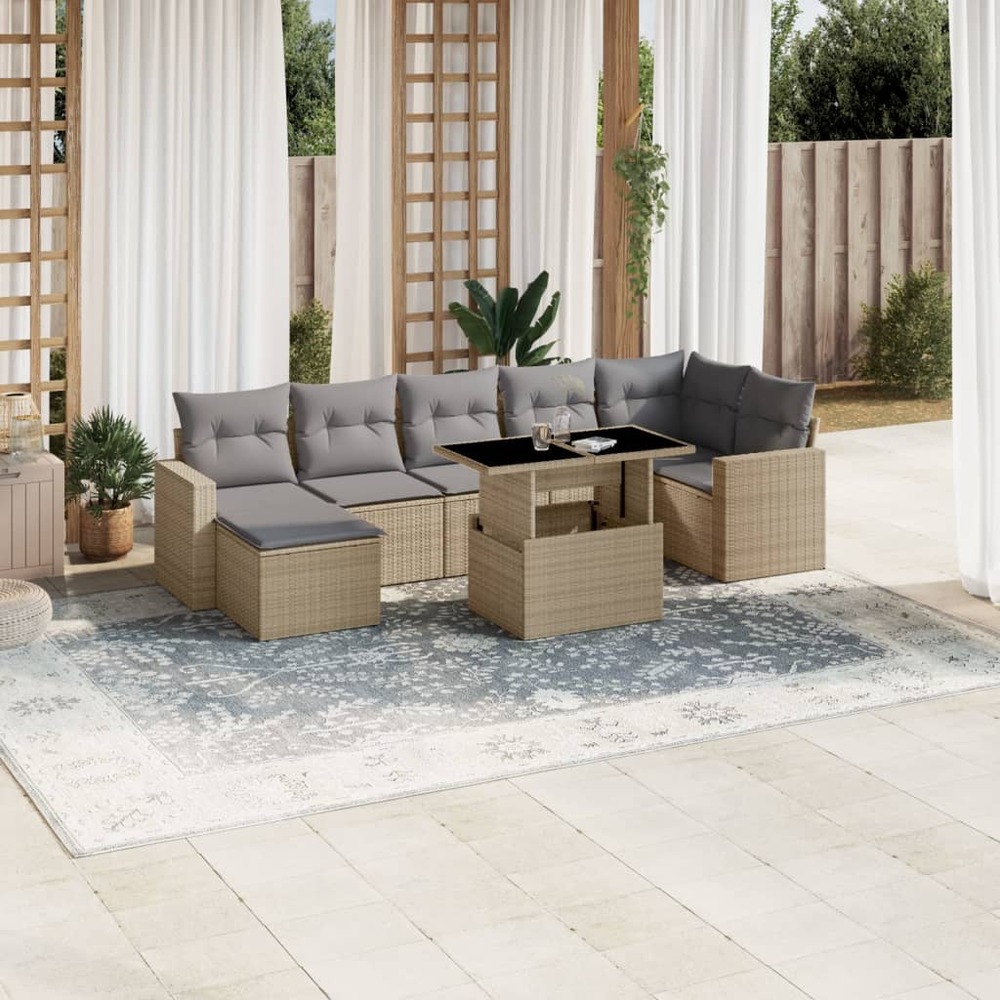 Salon de jardin avec coussins 8 pcs beige résine tressée