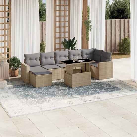Salon de jardin avec coussins 8 pcs beige résine tressée
