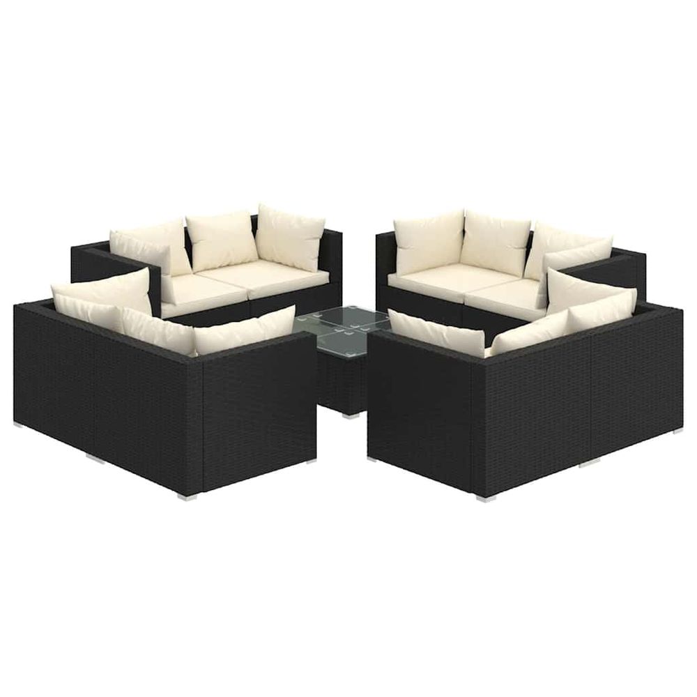 Salon de jardin 9 pcs avec coussins résine tressée noir