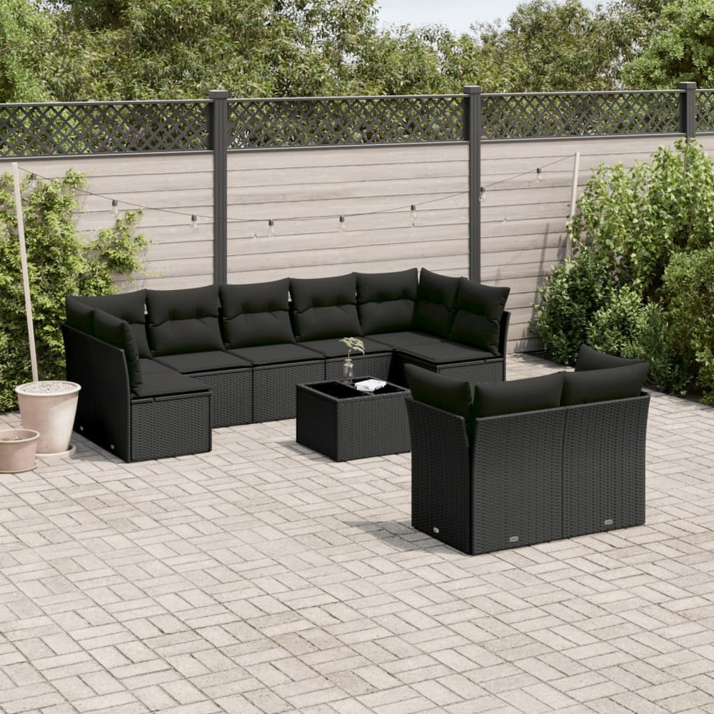 Salon de jardin 10 pcs avec coussins noir résine tressée