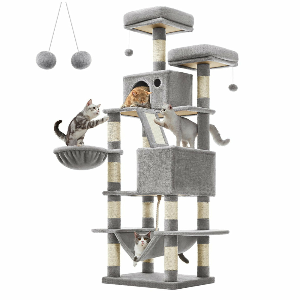 Arbre à chat grande tour de jeux hauteur 168 cm avec 13 griffoirs 1 planche à griffer 2 plate-forme 2 niches panier hamac pom