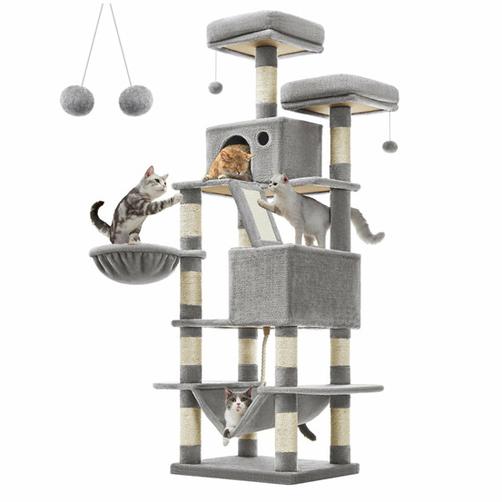 Arbre à chat grande tour de jeux hauteur 168 cm avec 13 griffoirs 1 planche à griffer 2 plate-forme 2 niches panier hamac pom