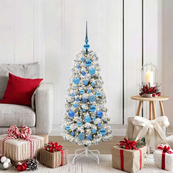 Sapin artificiel lumineux 120 cm vert, prêt à poser avec guirlande led et décorations de noël