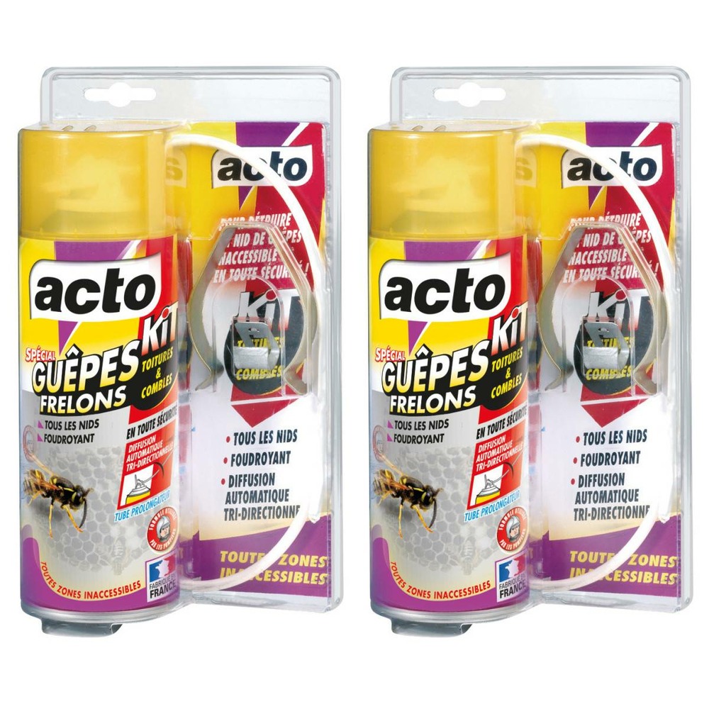 Lot de 2 aérosols acto spécial guepes frelons - kit spécial toitures et combles