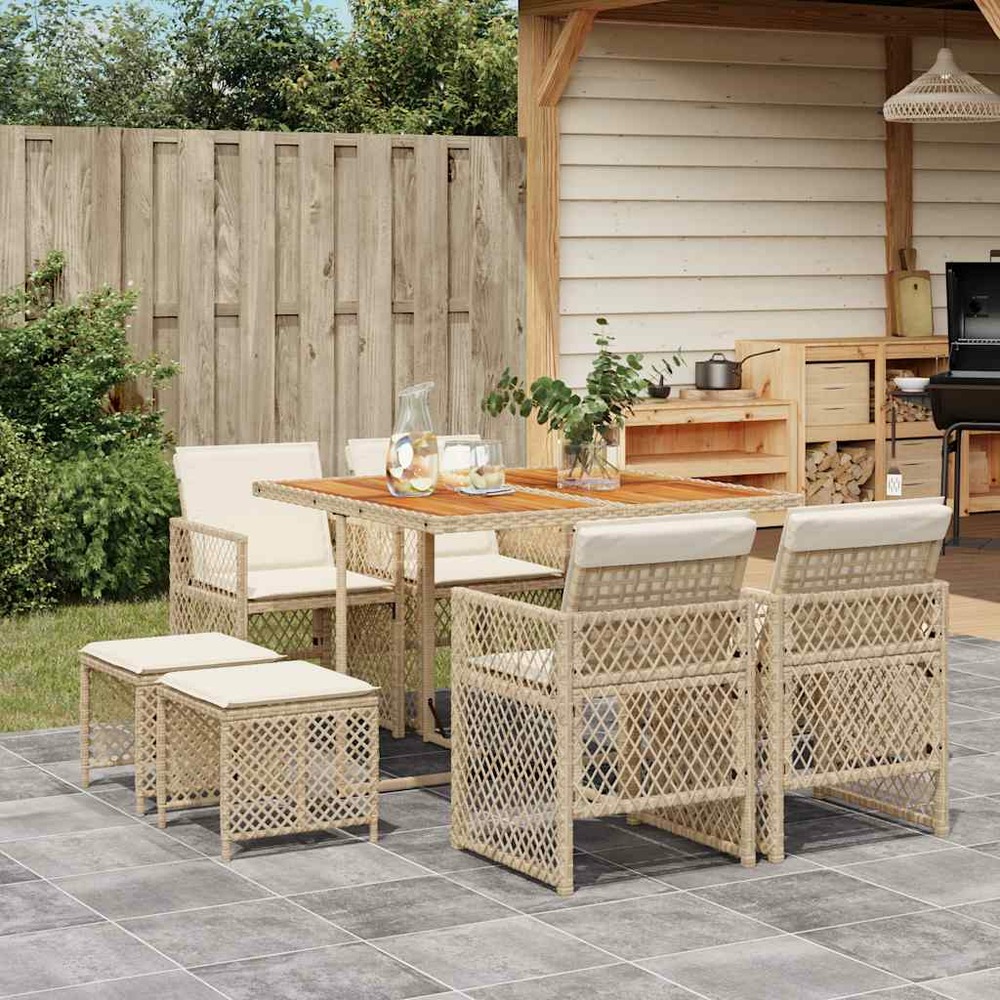 Ensemble à manger de jardin et coussins 9 pcs beige poly rotin