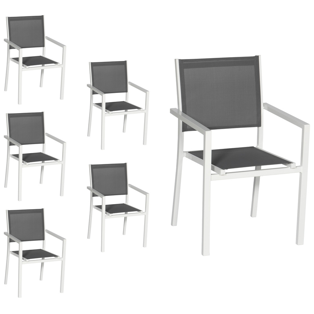 Lot de 6 chaises en aluminium blanc - textilène gris