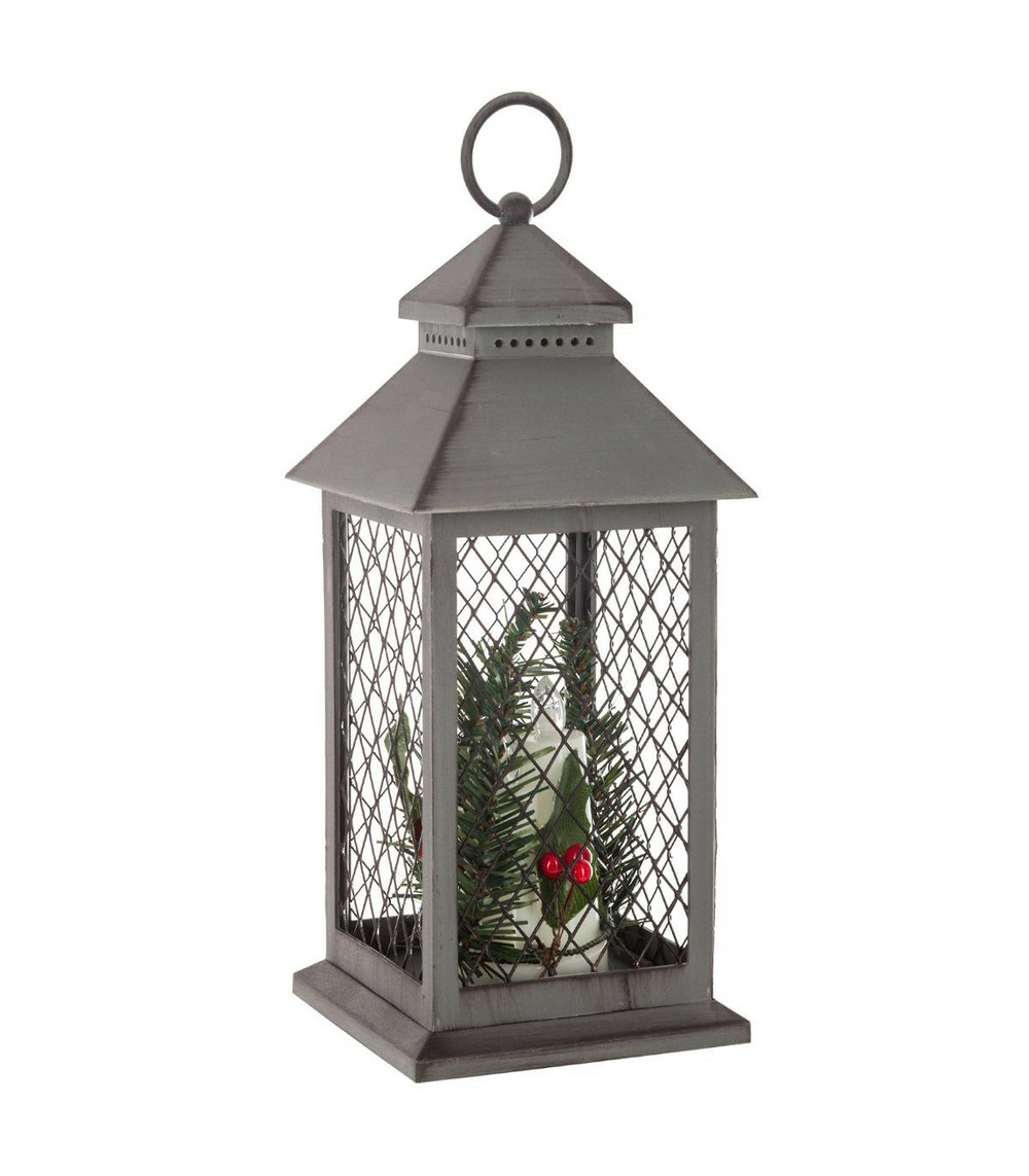 Déco de noël lumineuse lanterne grillagée avec 3 bougies 3 led h 31 cm
