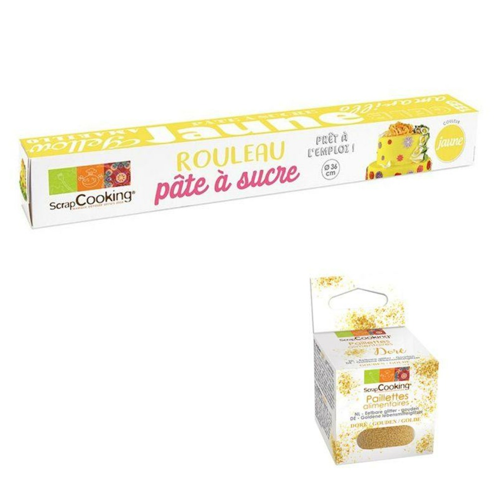Pâte à sucre en rouleau ø 36 cm jaune + paillettes dorées