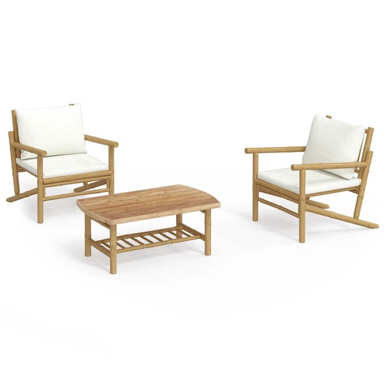 Salon de jardin 3 pcs avec coussins blanc crème bambou