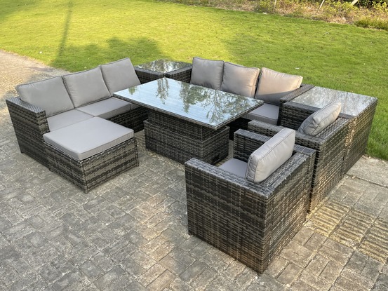 9 places extérieur rotin meubles de jardin réglable table élévatrice avec 2 côtés table basse chaises repose - pieds