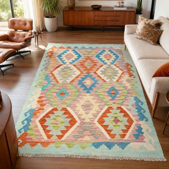 Tapis kilim 101 x 150 cm, multicolore bleu et orange, en laine, kilim 43