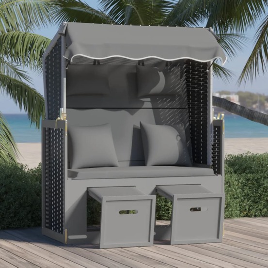 Strandkorb avec coussin poly rotin bois solide anthracite noir