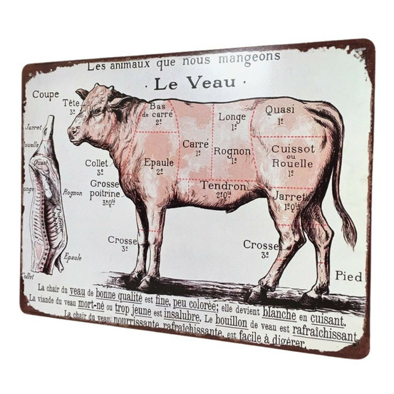 Plaque boucheries coupe de veau en fer multicolore 33 x 25 cm