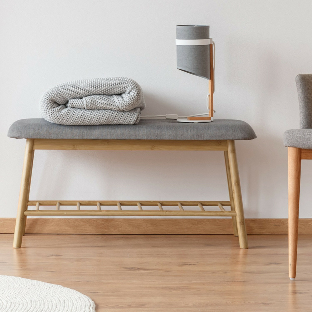 Banc d'entrée chaussures capitonné bambou rita tissu gris clair