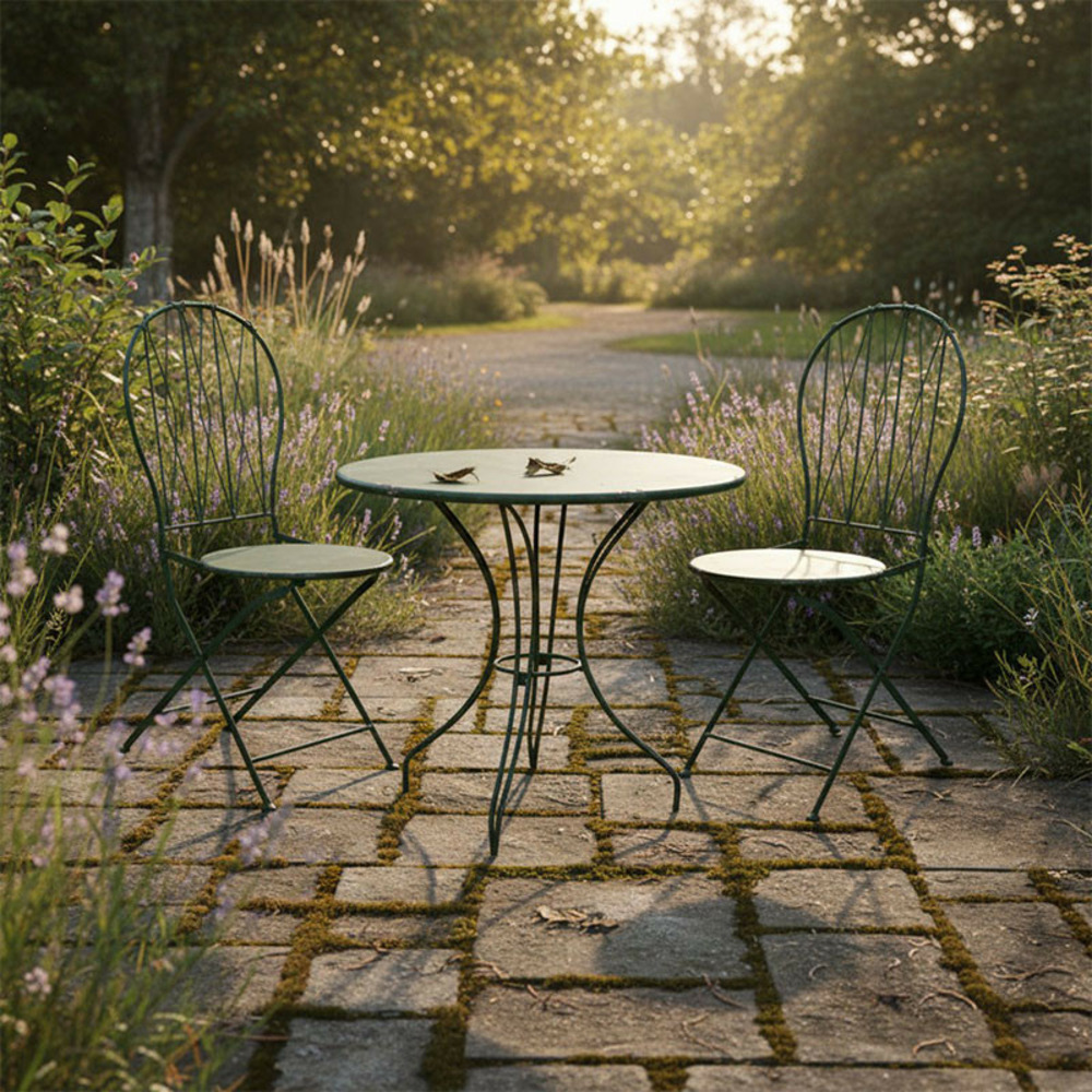 Ensemble bistrot table ronde et 2 chaises pliantes fer vert patiné 72x72x93cm