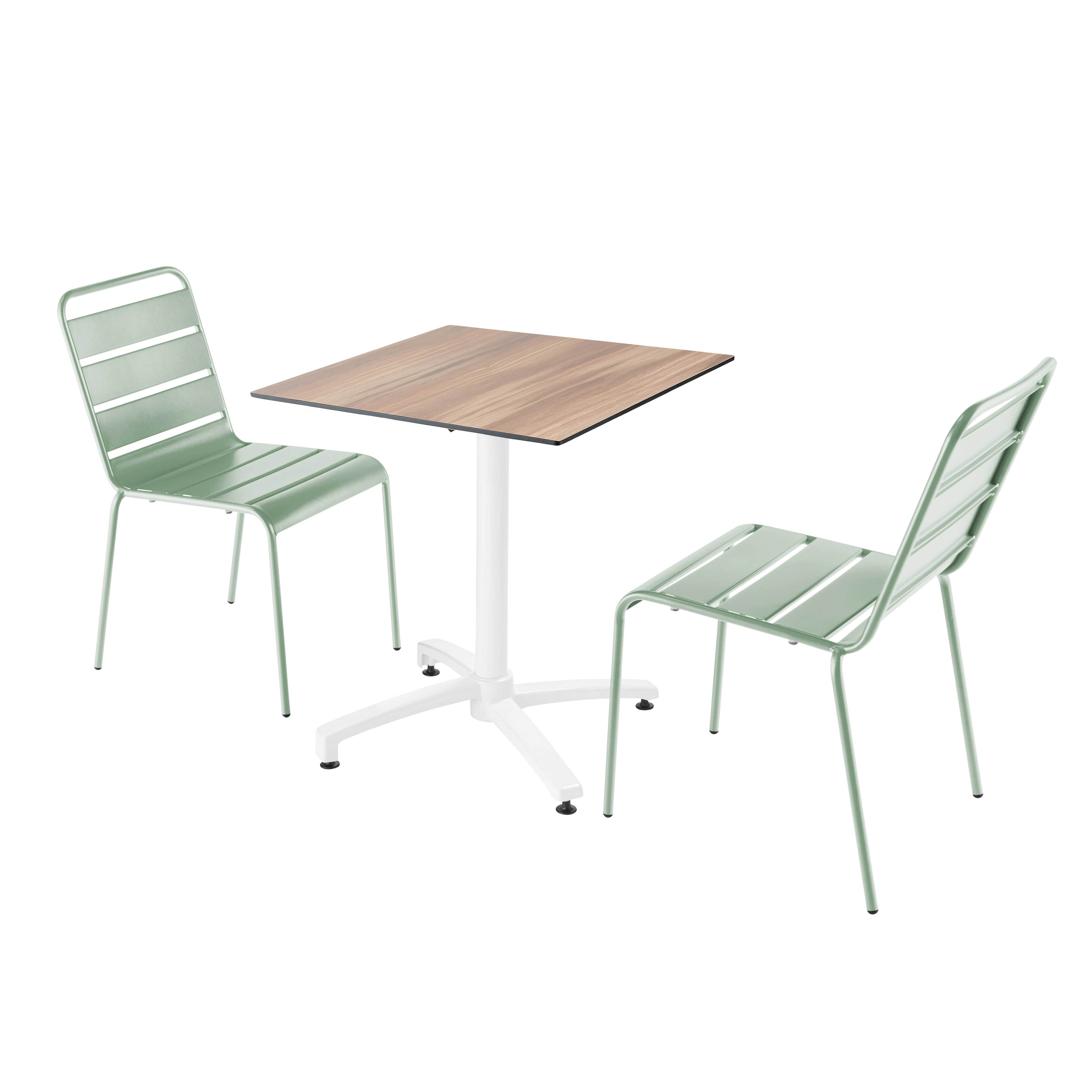 Ensemble table de terrasse stratifié chêne et 2 chaises vert sauge