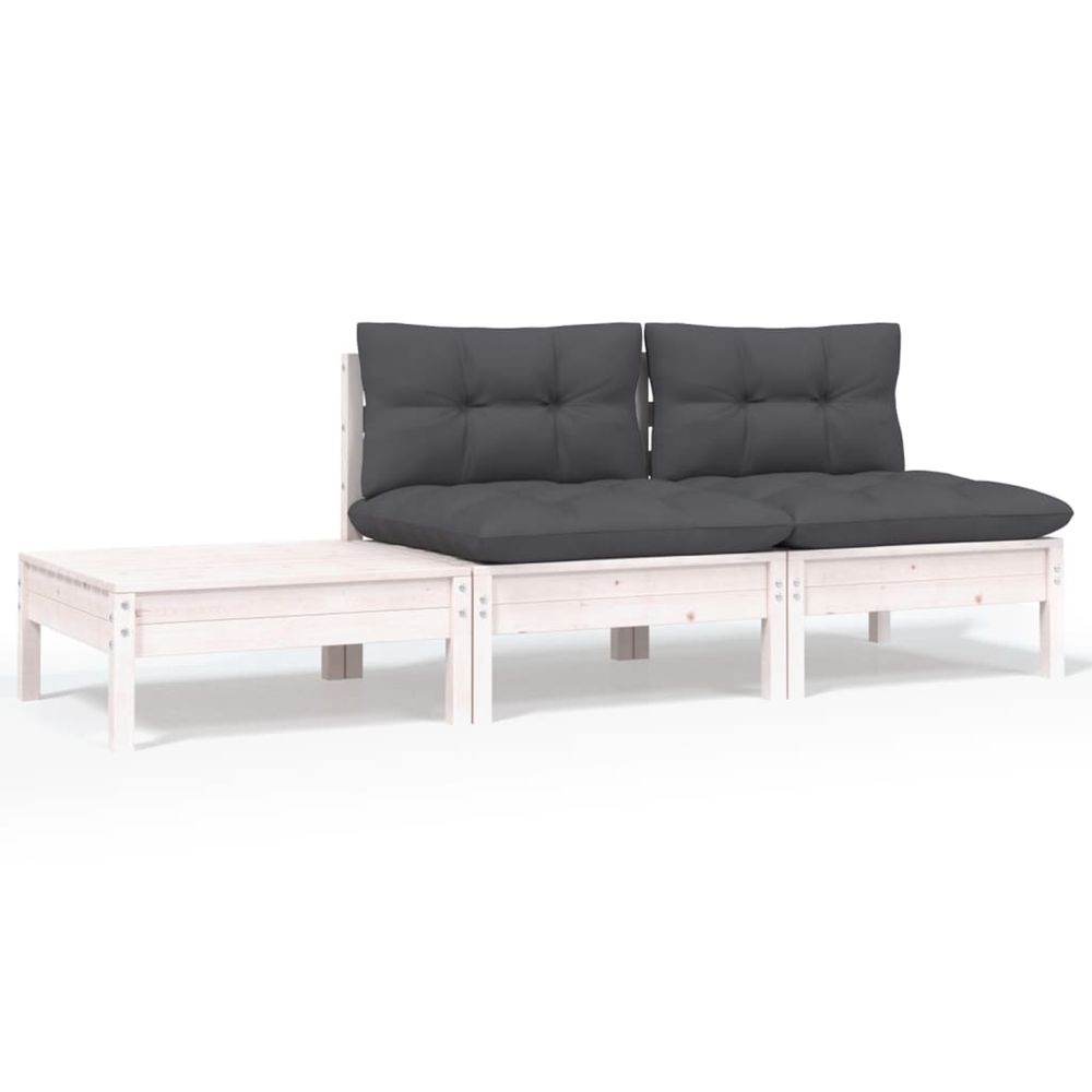 Salon de jardin 3 pcs avec coussins blanc bois de pin massif