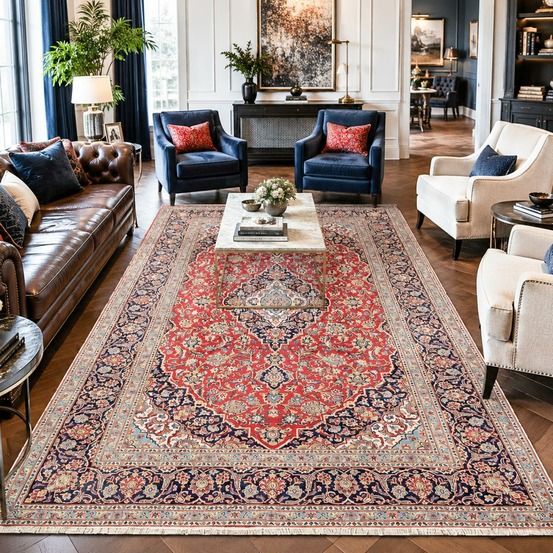Tapis d'orient 227 x 341 cm, rouge, beige et bleu, laine nouée main, ardakan 6