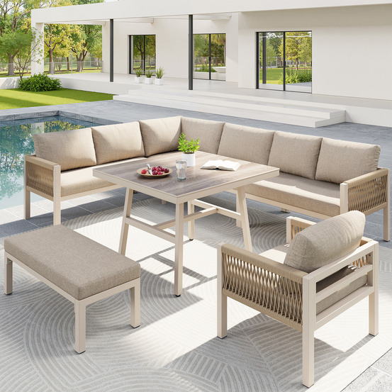 Ensemble jardin l tissé main 8 pers: acier, coussins beiges, table basse verre imitation bois + fauteuil