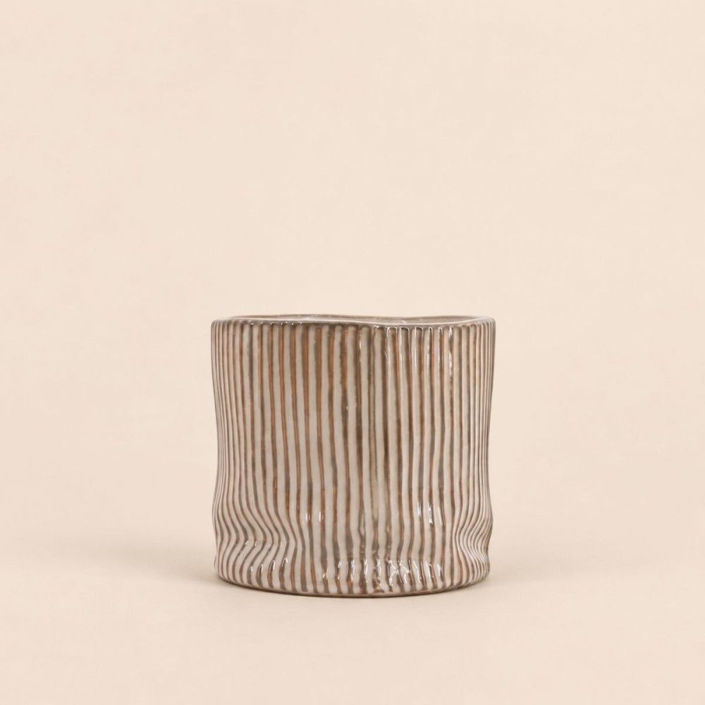 Cache-pot en céramique striée marron 16cm