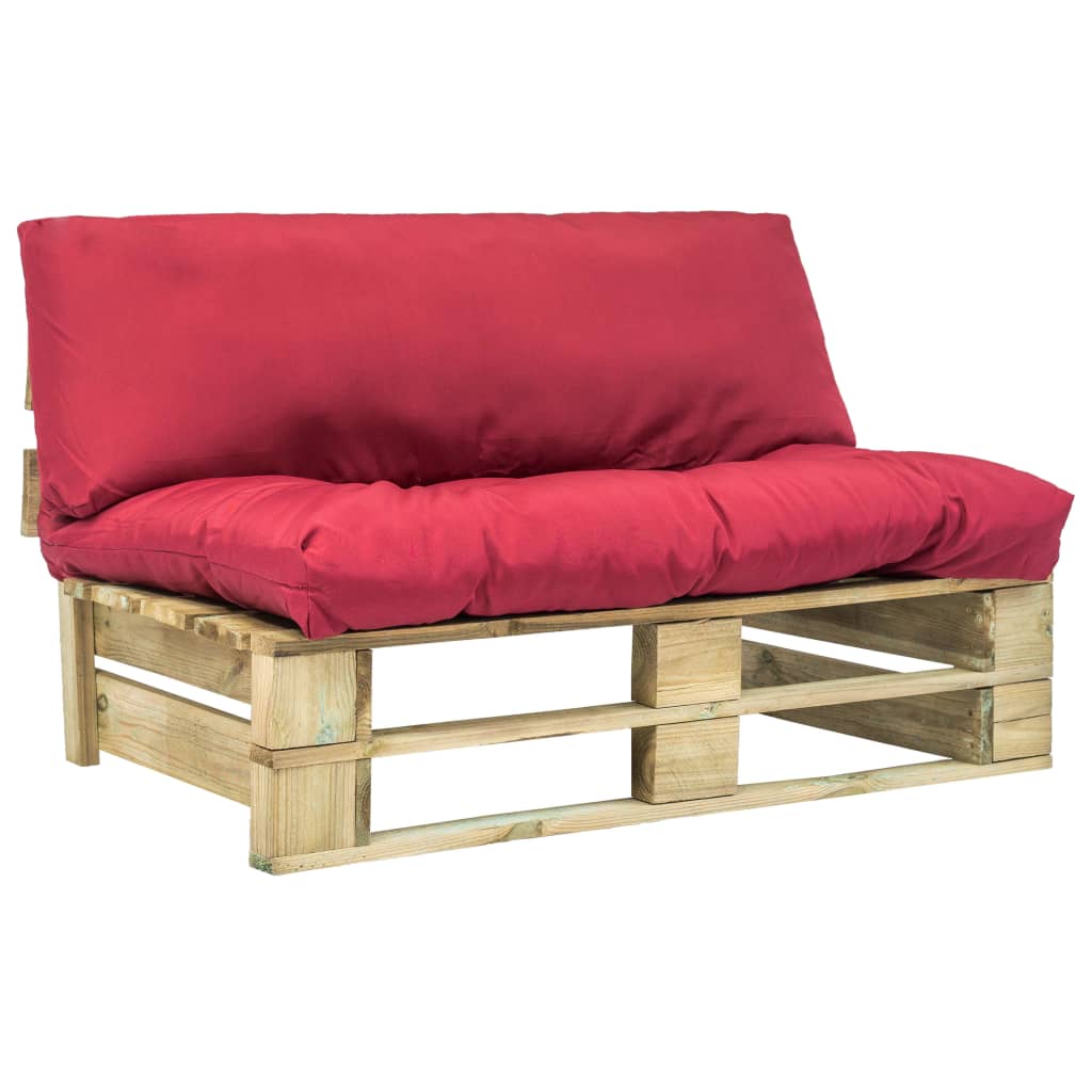 Canapé de jardin palette avec coussins rouge pinède