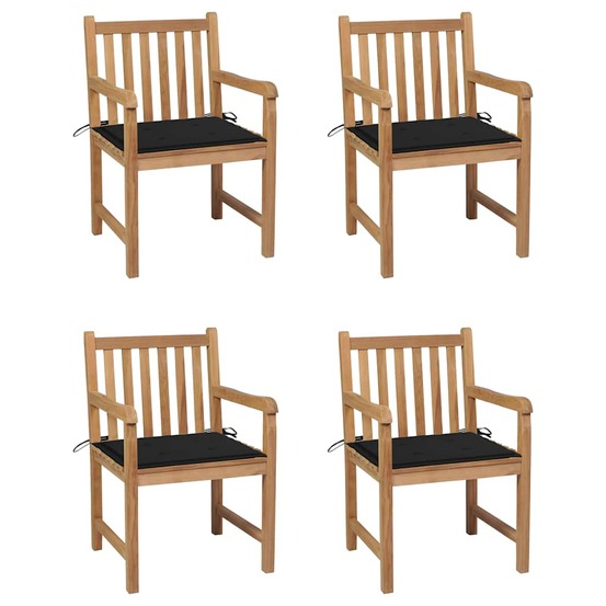 Chaises de jardin lot de 4 et coussins noir bois de teck solide