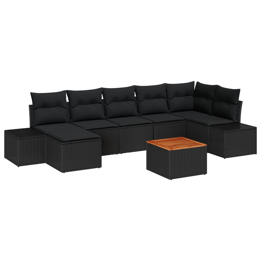 Ensemble de canapés de jardin 8 pièces avec coussins noir poly rattan acacia