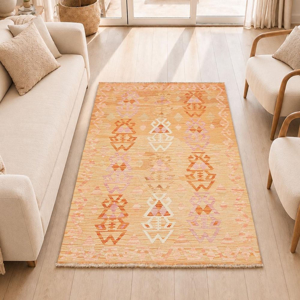 Tapis kilim 102 x 158 cm, orange, crème et rose, laine naturelle, kilim 54