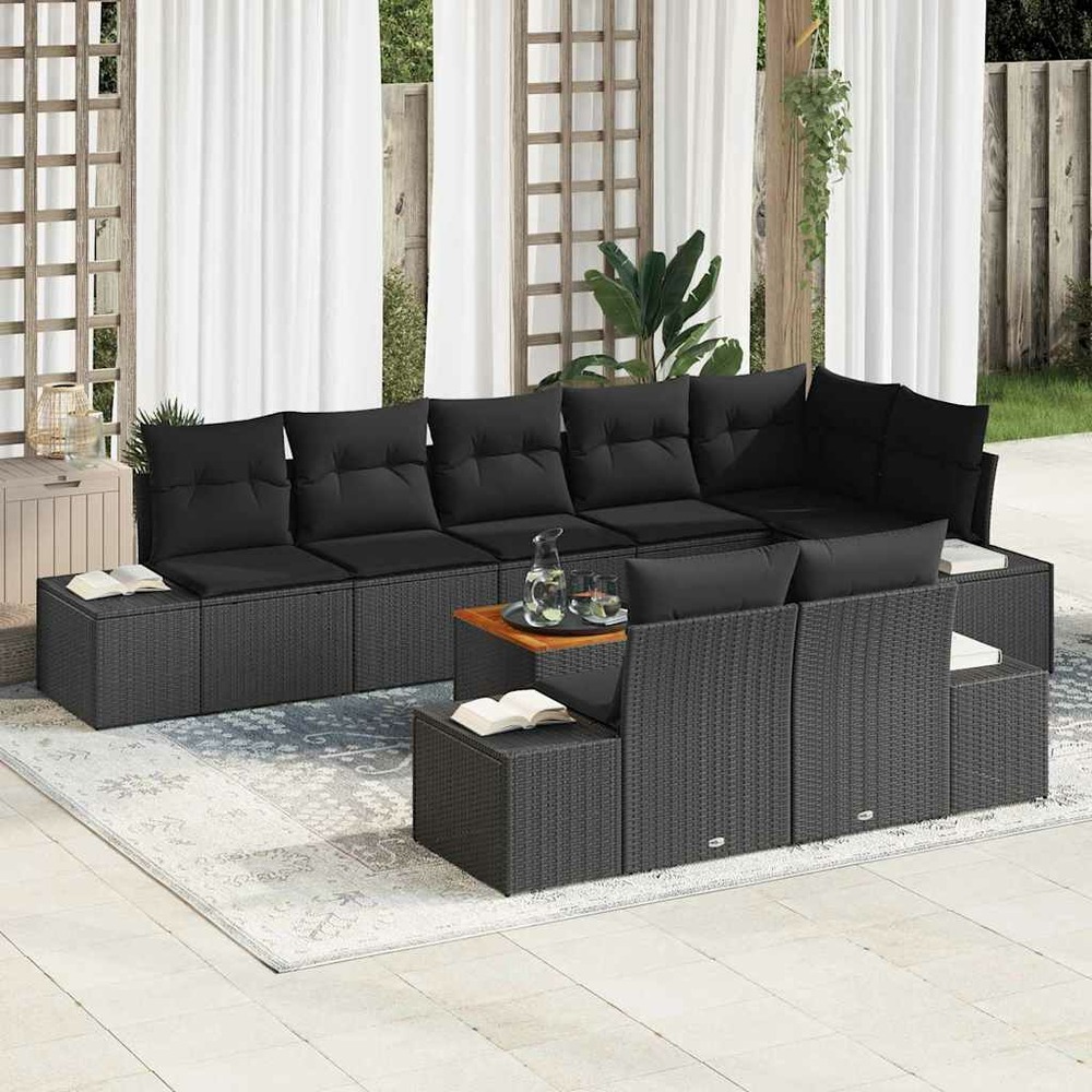 Ensemble de canapé de jardin avec coussin 9 pcs noir polyrotin