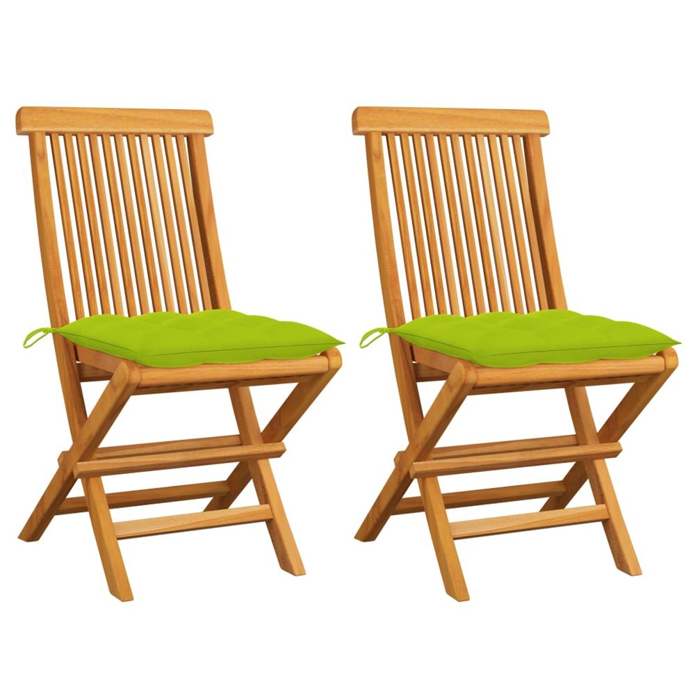 Chaises pliantes avec coussins vert vif, 2 pièces, en bois de teck massif
