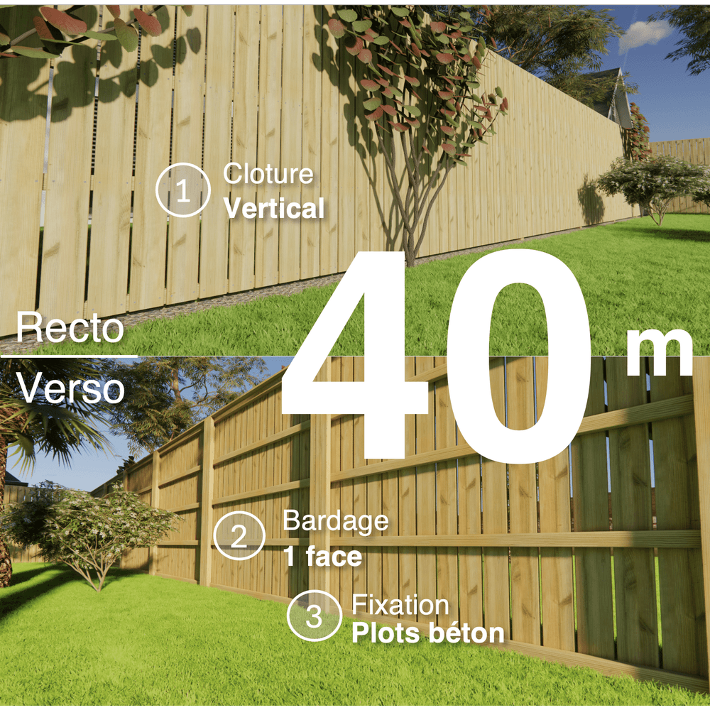 Kit clôture bois moderne 40m – h 2,3m – 21 x 145 mm autoclave vert – pose vertical – simple face – à sceller