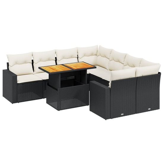 Salon de jardin 9 pcs avec coussins noir résine tressée