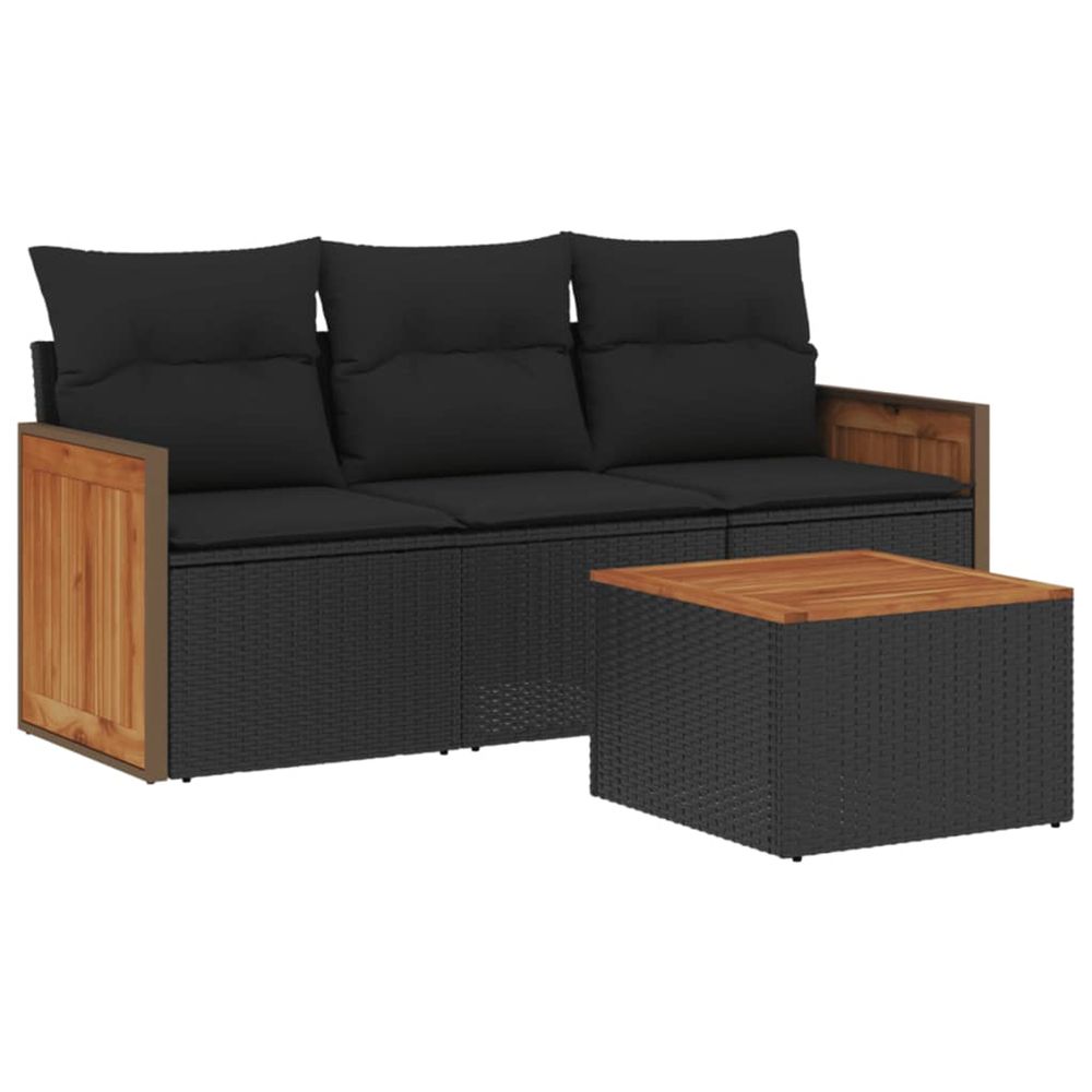 Salon de jardin 4 pcs avec coussins noir résine tressée
