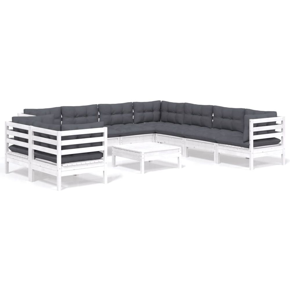 Salon de jardin 10 pcs avec coussins blanc bois de pin massif