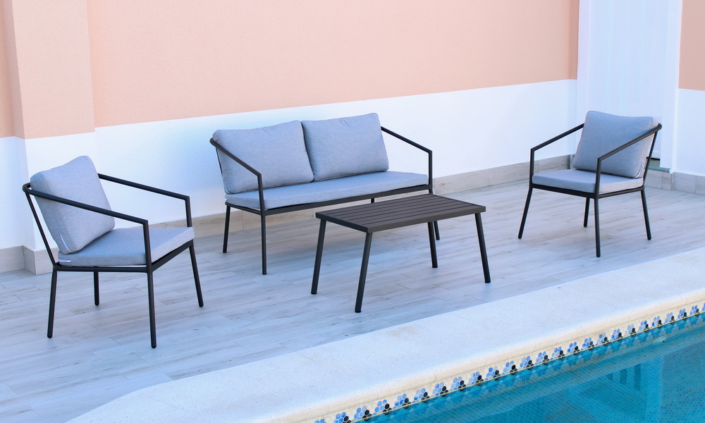 Salon de jardin sofa set bermudas 7 - finition anthracite, tissus gris clair