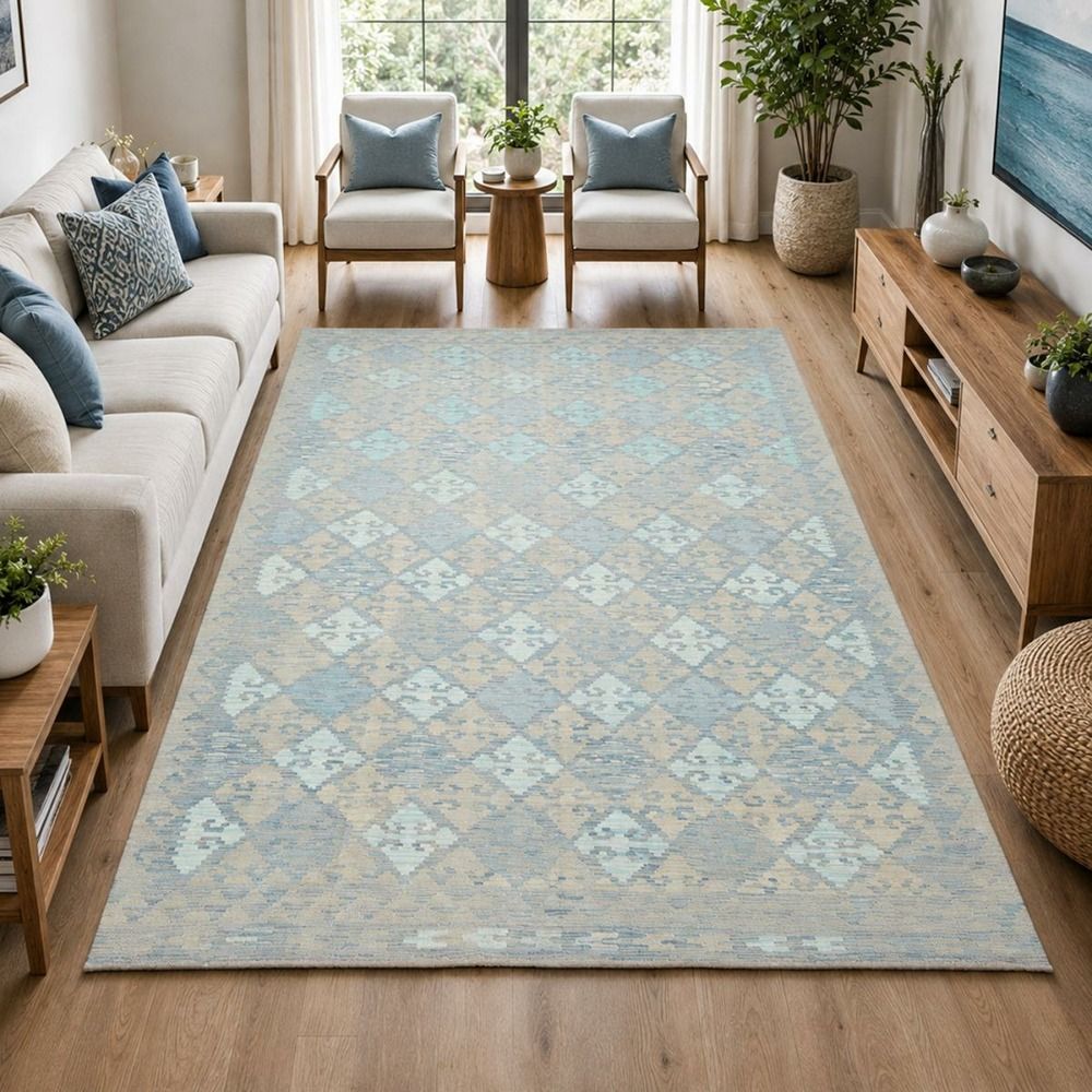 Tapis kilim, 204 x 295 cm, bleu, beige et gris, laine naturelle, tissé plat