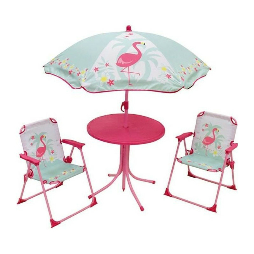 Fun house 713088 flamant rose salon de jardin avec une table, 2 chaises pliables et un parasol pour enfant