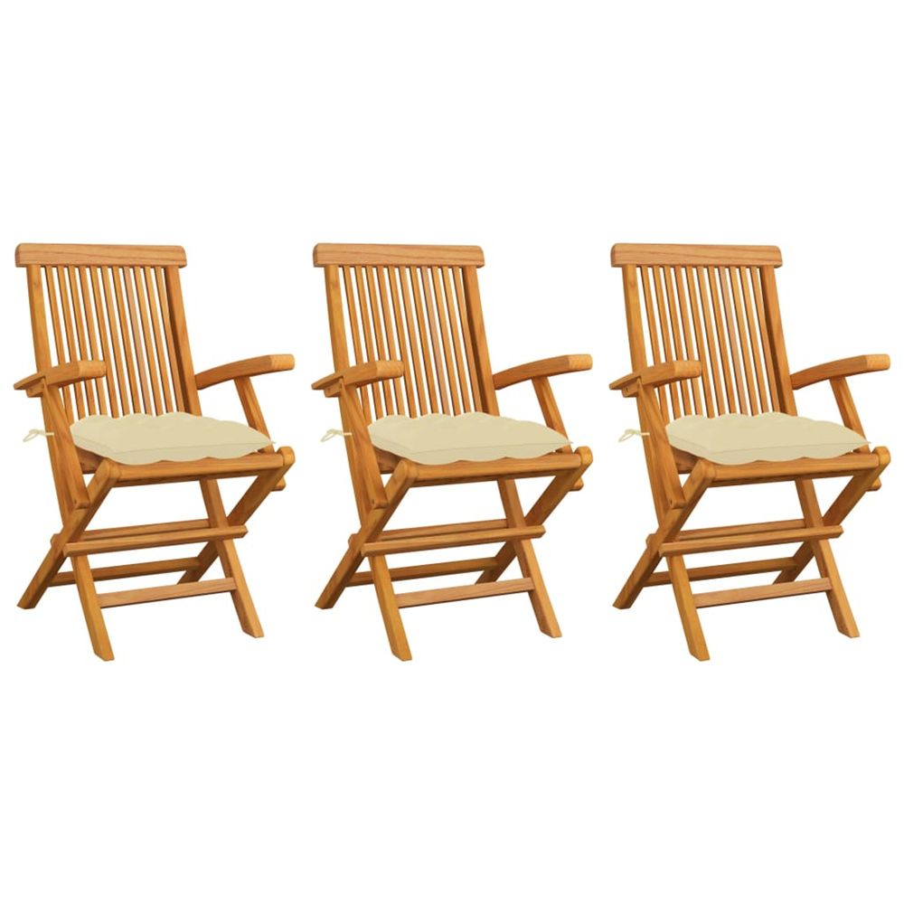 Chaises pliantes avec coussins blanc crème, 3 pièces, en teck massif