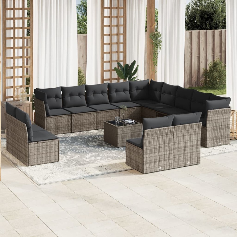 Salon de jardin avec coussins 14 pcs gris résine tressée