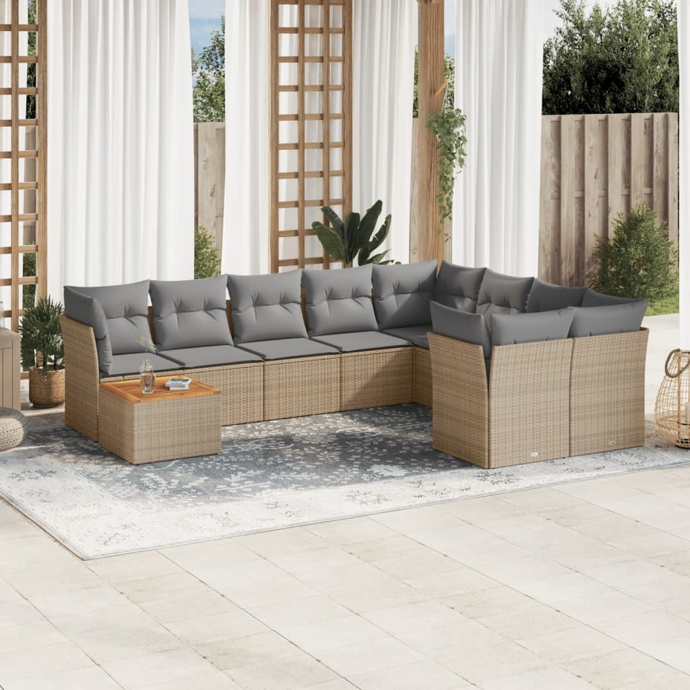 Salon de jardin avec coussins 10 pcs beige résine tressée