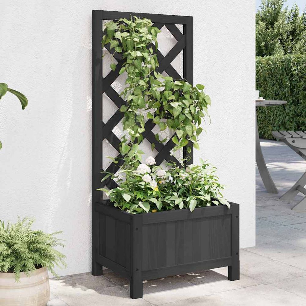 Jardinière avec treillage bois de sapin pour plantes grimpantes jardin terrasse noir 90cm