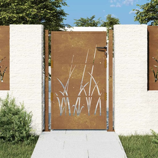 Portail de jardin 100x125 cm en acier corten avec motif gazon