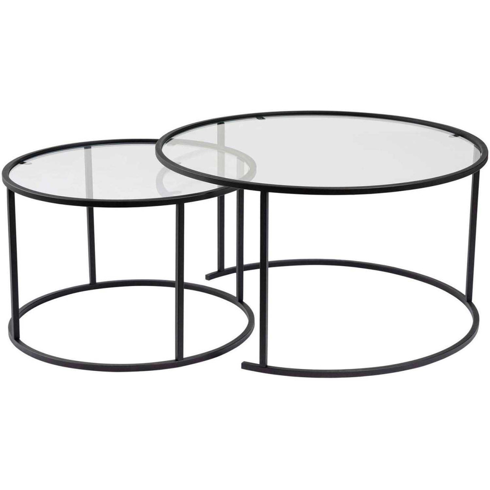 Ensemble de 2 tables gigognes rondes en métal et verre auruma noir avec verre tr