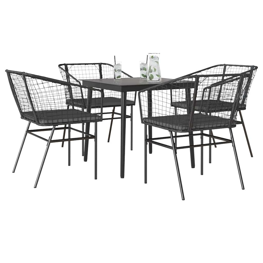 Ensemble à manger de jardin et coussins 5 pcs noir rotin verre