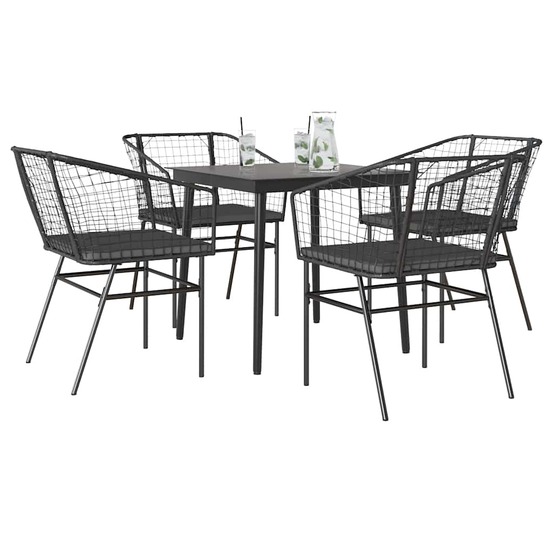 Ensemble à manger de jardin et coussins 5 pcs noir rotin verre